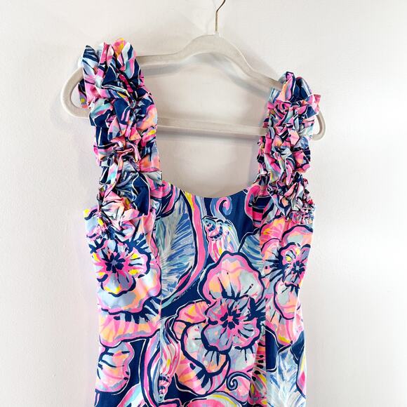 Lilly Pulitzer Devina Floral Ruffle Strap Stretch Mini Sheath Dress Navy Pink 00 - Picture 6 of 10